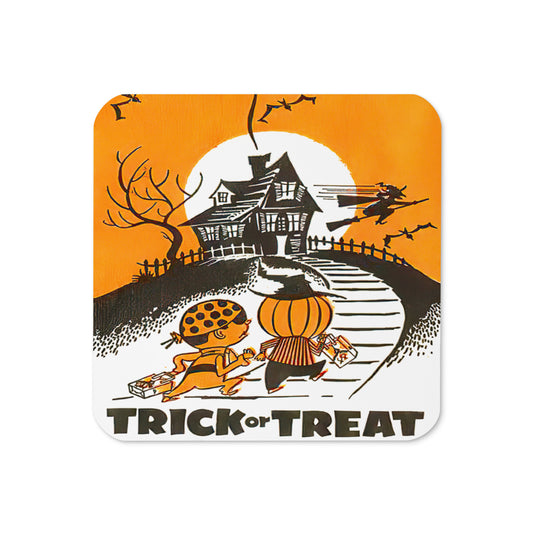 Treat Or Treat Haunted House Retro Halloween Print Cork-back Coaster