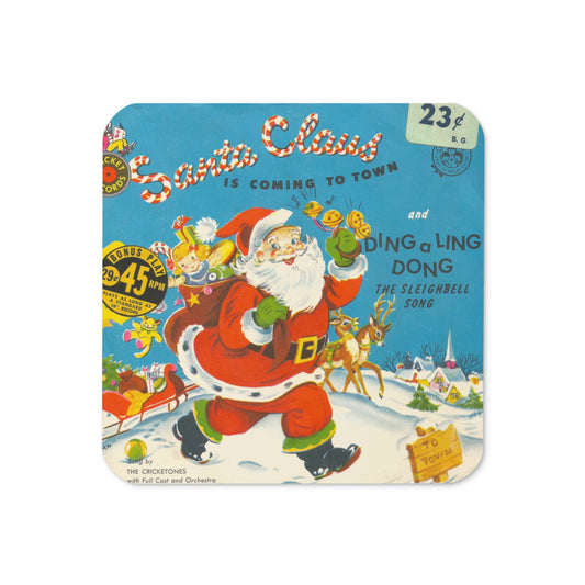 Santa Claus Is Coming To Town Record Cover Mid Century Retro Christmas Print Cork-back Coaster