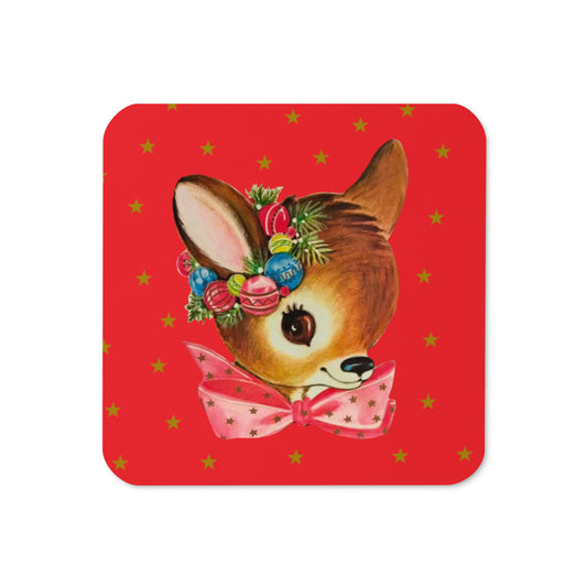 Reindeer Gold Stars Red Mid Century Retro Christmas Print Cork-back Coaster