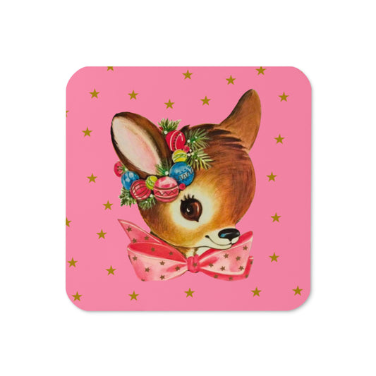 Reindeer Gold Stars Pink Mid Century Retro Christmas Print Cork-back Coaster