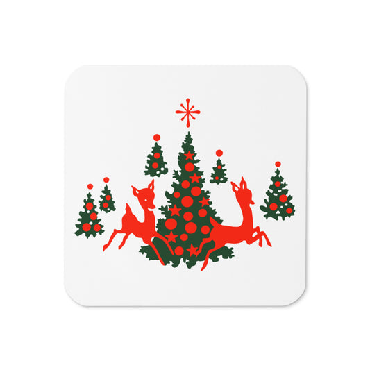 Red Reindeer Christmas Trees 50s Retro Christmas Print Cork-back Coaster