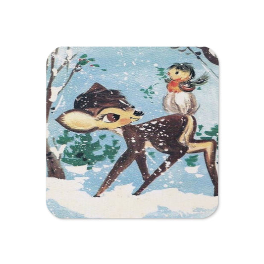 Fawn Baby Deer With Bird In Snow Mid Century Retro Christmas Print Cork-back Coaster