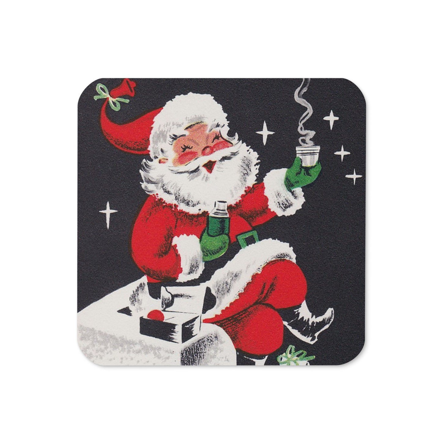 Santa On Chimney Retro Mid Century Christmas Print Cork-back Coaster