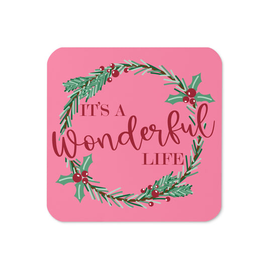 It's A Wonderful Life Wreath Pink Christmas Cork-back Coaster