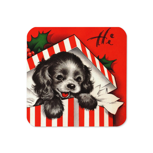 Hi Christmas Puppy In Present Mid Century Retro Christmas Print Cork-back Coaster