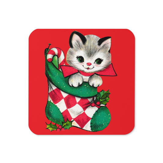 Christmas Kitten In Stocking Mid Century Retro Christmas Print Cork-back Coaster