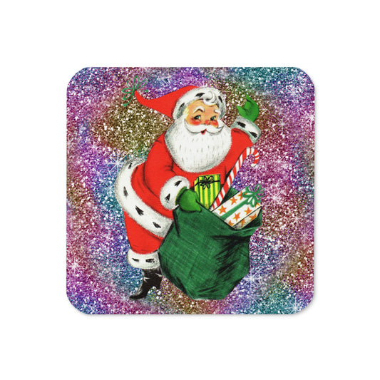 Santa With His Sack Of Presents Glitter Background Mid Century Retro Christmas Print Cork-back Coaster