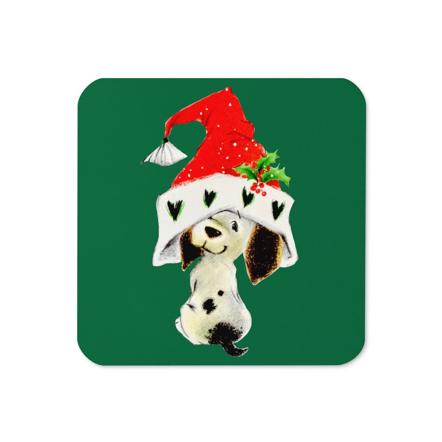 Christmas Dalmation Puppy In Santa Hat Mid Century Retro Christmas Print Cork-back Coaster