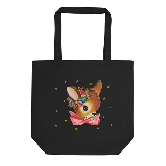 Reindeer Gold Stars Retro Christmas Print Eco Cotton Tote Bag