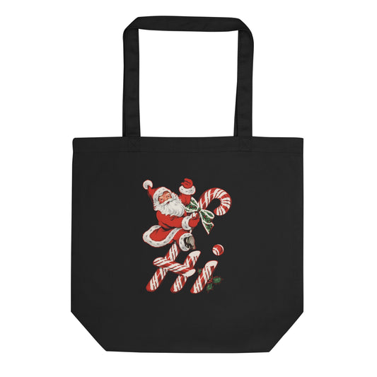 Santa Candy Cane Retro Christmas Print Eco Cotton Tote Bag