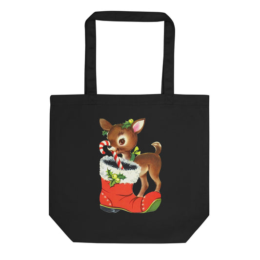 Reindeer Stocking Retro Christmas Print Eco Cotton Tote Bag