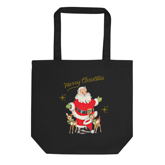 Merry Christmas Santa With Reindeer Gold Stars Mid Century Retro Christmas Eco Cotton Tote Bag