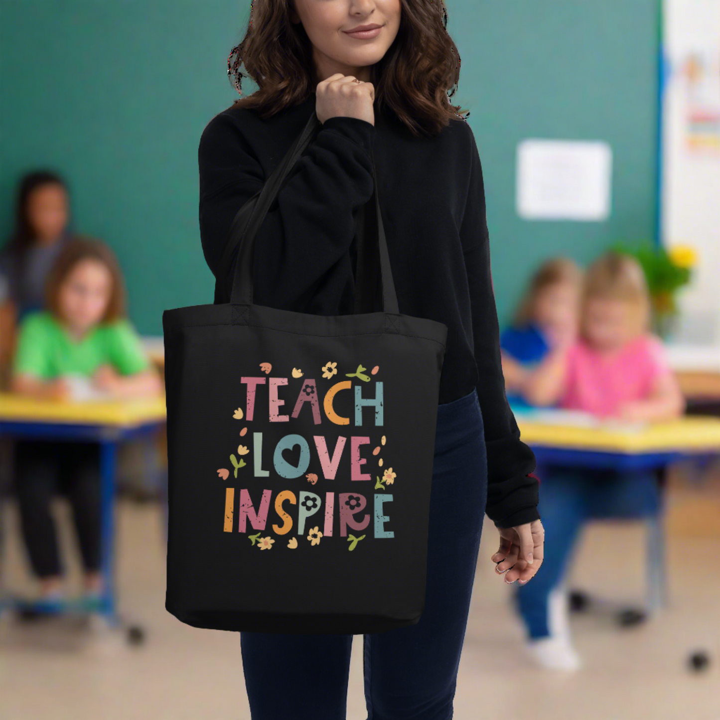 Teach Love Inspire Large Black Eco Cotton Tote Bag