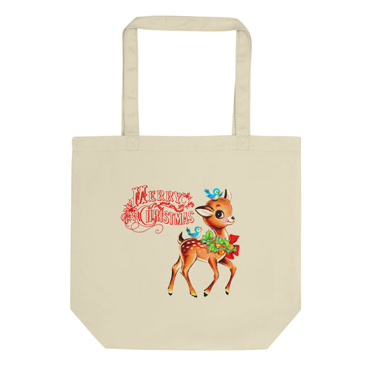 Merry Christmas Reindeer Mid Century Retro Christmas Eco Cotton Tote Bag