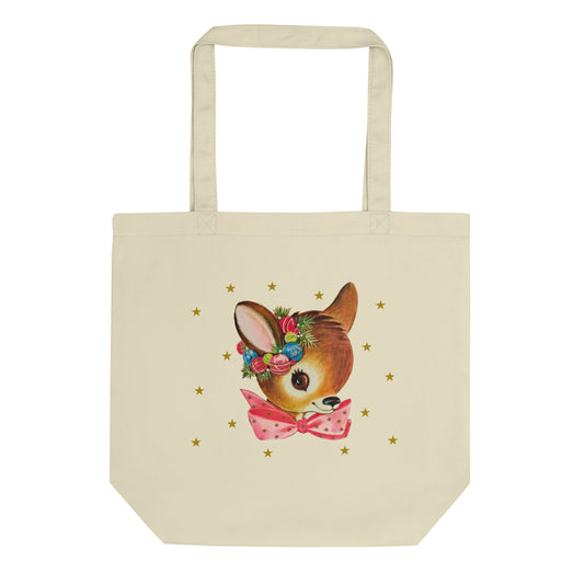 Reindeer Gold Stars Retro Christmas Print Eco Cotton Tote Bag