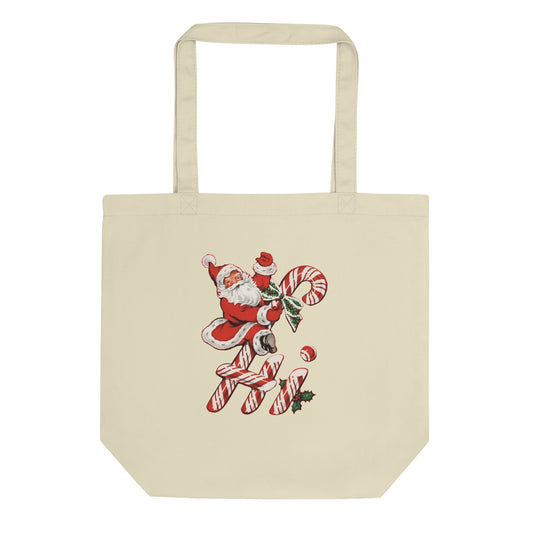 Santa Candy Cane Retro Christmas Print Eco Cotton Tote Bag