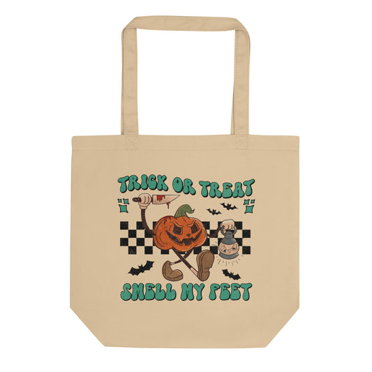 Trick Or Treat Smell My Feet Jack O Lantern Retro Style Halloween Eco Cotton Tote Bag