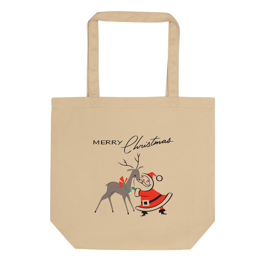 Merry Christmas Santa And Reindeer Christmas Eco Cotton Tote Bag