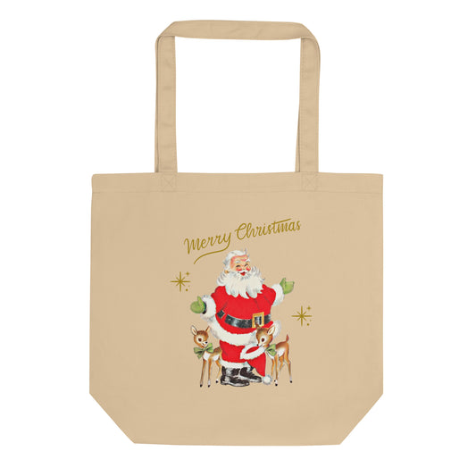 Merry Christmas Santa With Reindeer Gold Stars Mid Century Retro Christmas Eco Cotton Tote Bag