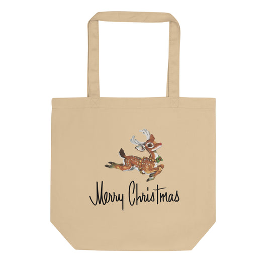 Merry Christmas Leaping Reindeer Mid Century Retro Christmas Eco Cotton Tote Bag