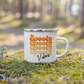 This 10 ounce enamel camping mug features a retro style font that says Spooky four times in various shades of orange with vibes in black.