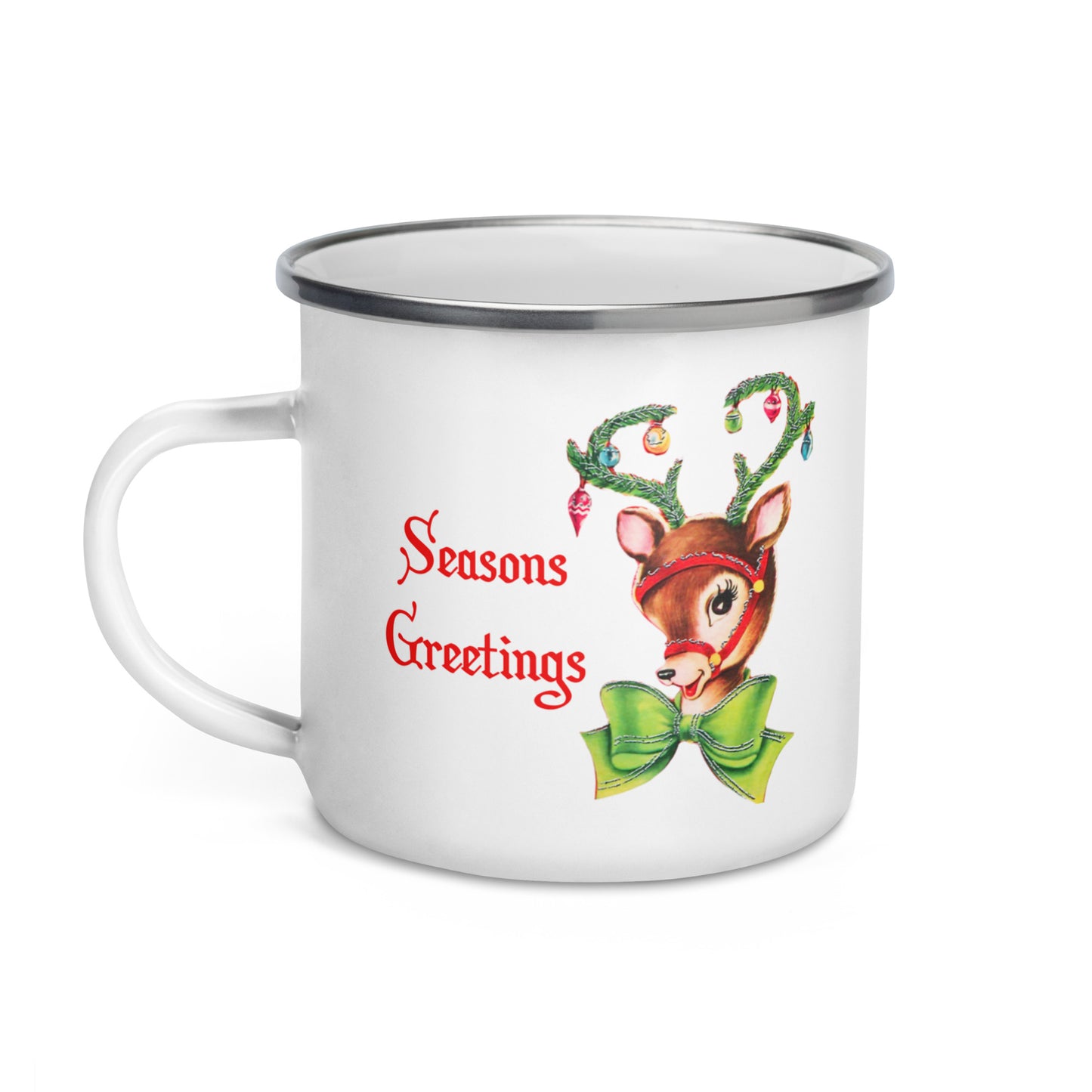 Seasons Greeting Reindeer Mid Century Retro Christmas Hot Chocolate Camping Enamel Mug