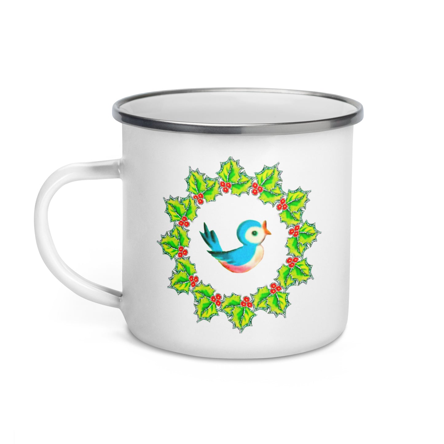 Christmas Bluebird In Wreath Mid Century Retro Christmas Print Hot Chocolate Camping Enamel Mug