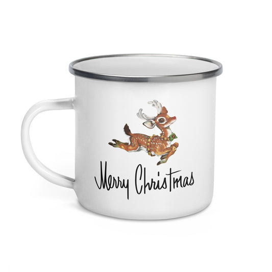 Merry Christmas Leaping Reindeer Mid Century Retro Christmas Print Enamel Hot Chocolate Camping Mug