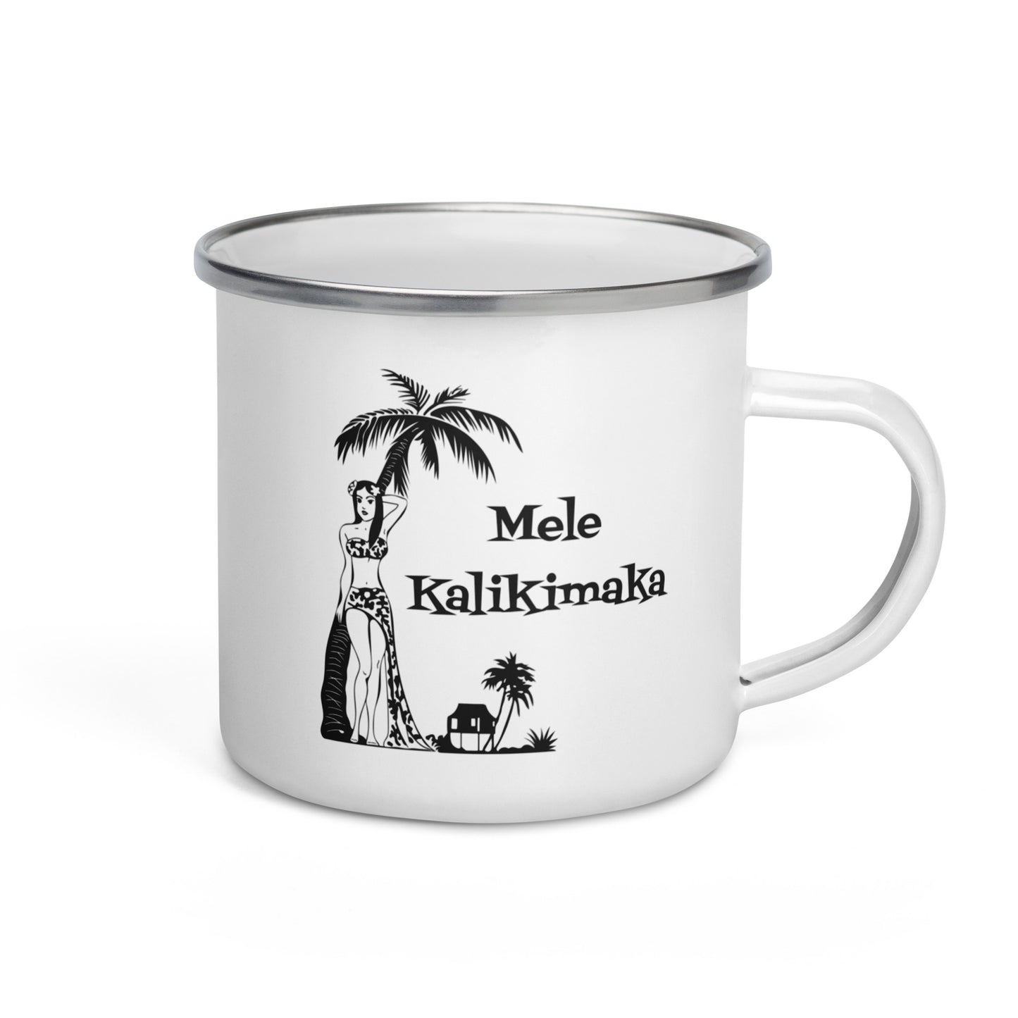 Mele Kalikimaka Hawaiian Girl Atomic Mid Century Retro Style Christmas Hot Chocolate Camping Enamel Mug