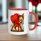 This ceramic glossy coffee mug features a retro midcentury Valentine's Day illustration of a young deer wearing a blue bow around her neck. There is a red heart that says Hello Valentine I think you're a little deer!