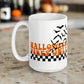 This ceramic glossy Halloween mug features a retro style print that says Halloween Vibes Only. There are flying bats and a black and white checkered print at the bottom.