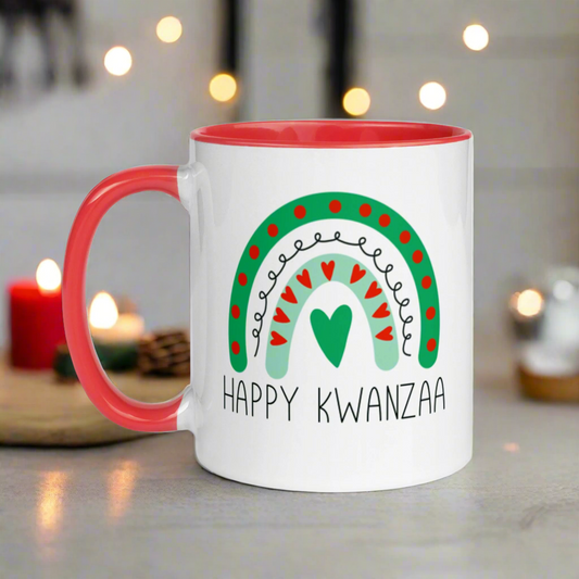 This glossy coffee mug features a boho rainbow design in green, red and black that says Happy Kwanza. The mug and handle is lined in red.