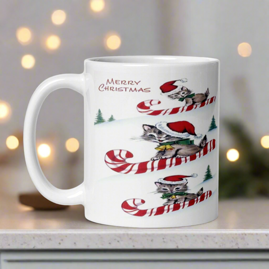 Merry Christmas Candy Cane Sledding Kittens Midcentury Retro Glossy Coffee Mug