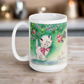 This ceramic glossy coffee mug features a midcentury vintage Christmas Illustration that says It's Christmas! There is an adorable white kitten wearing a pink bow underneath the christmas tree.