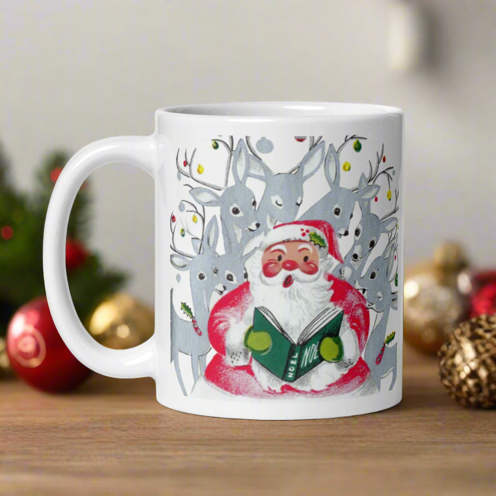 Santa Singing With Reindeer Midcentury Retro Christmas Glossy Coffee Mug