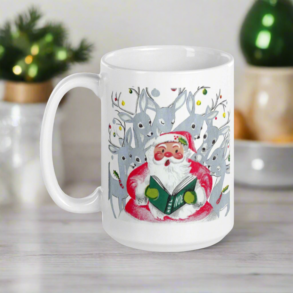 Santa Singing With Reindeer Midcentury Retro Christmas Glossy Coffee Mug