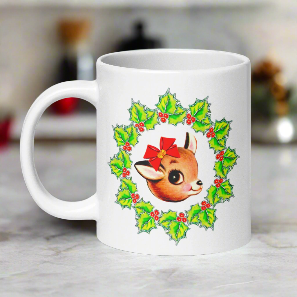 Christmas Reindeer With Bow In Holly Berry Wreath Mid Century Retro Christmas Print Glossy Mug