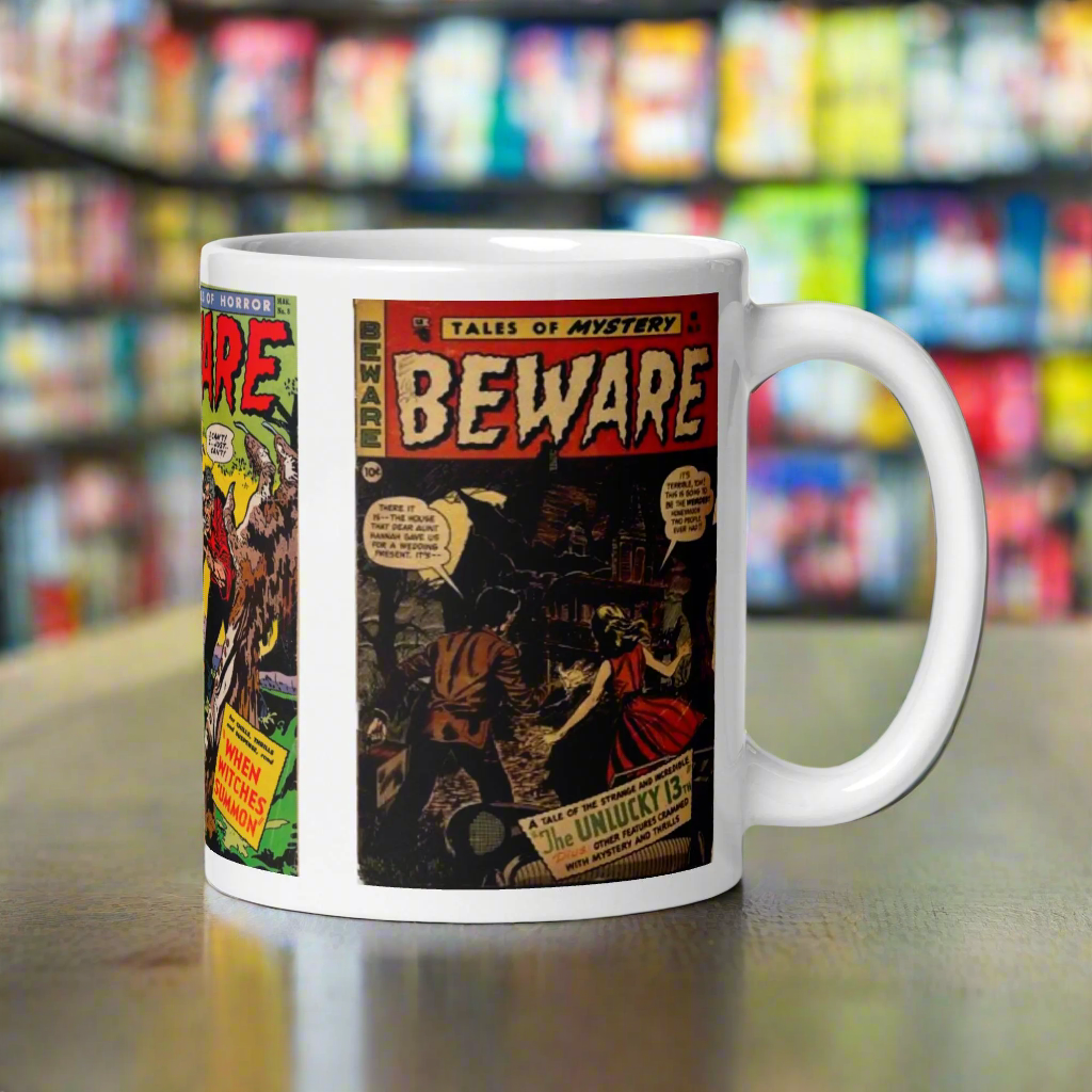 Beware Chilling Tales Comic Book Vintage Gothic Halloween Print Glossy Mug