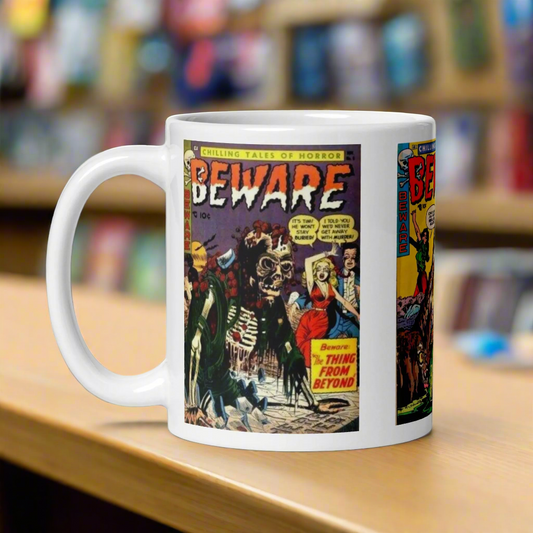 Beware Chilling Tales Comic Book Vintage Gothic Halloween Print Glossy Mug