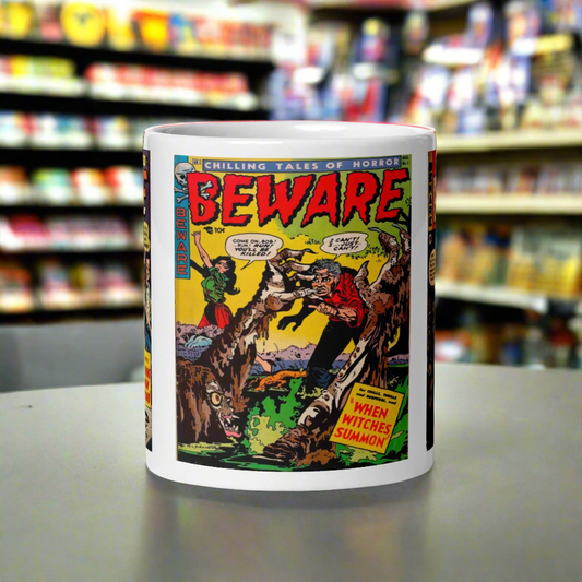 Beware Chilling Tales Comic Book Vintage Gothic Halloween Print Glossy Mug