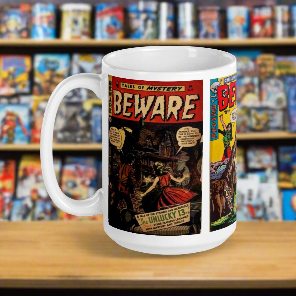 Beware Chilling Tales Comic Book Vintage Gothic Halloween Print Glossy Mug