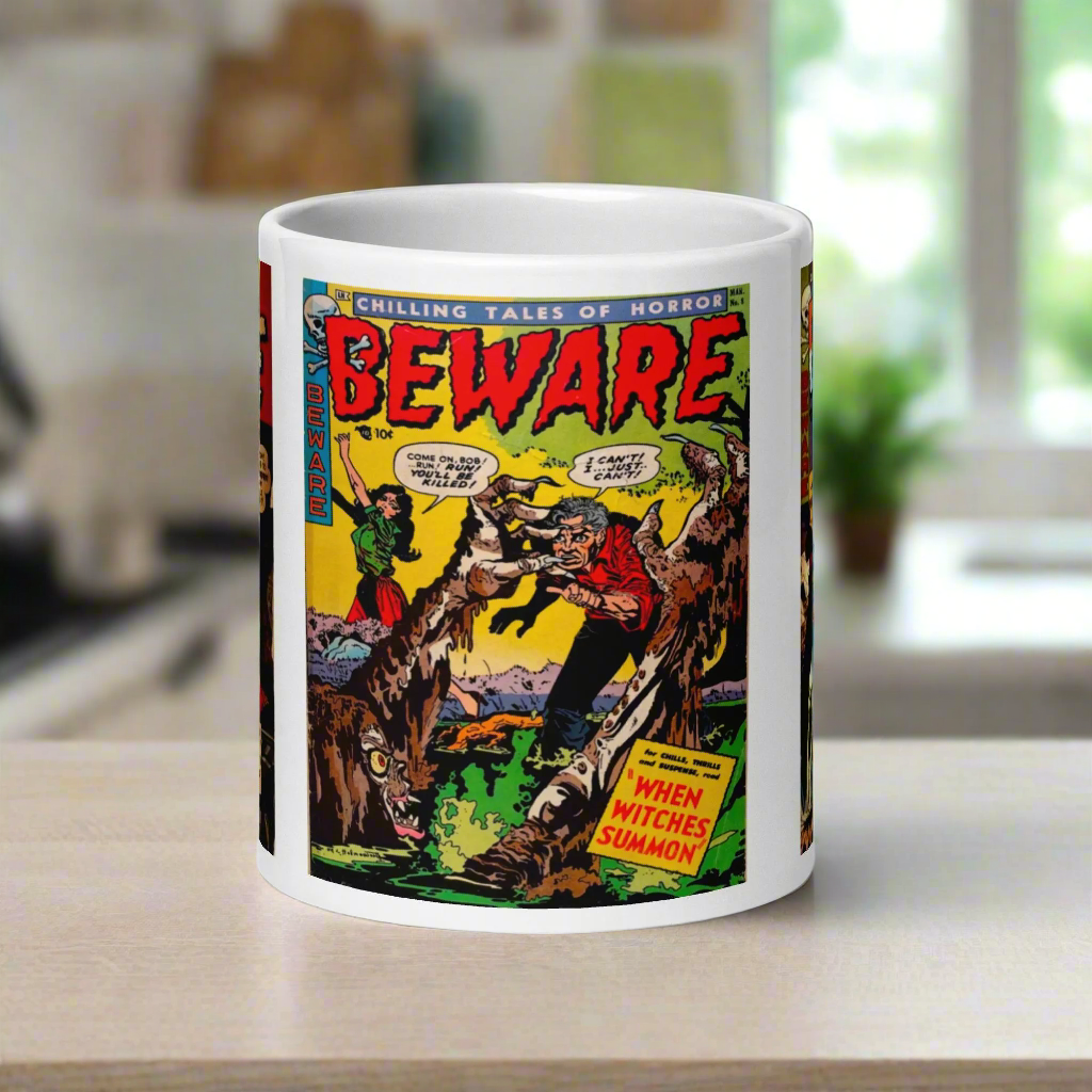 Beware Chilling Tales Comic Book Vintage Gothic Halloween Print Glossy Mug