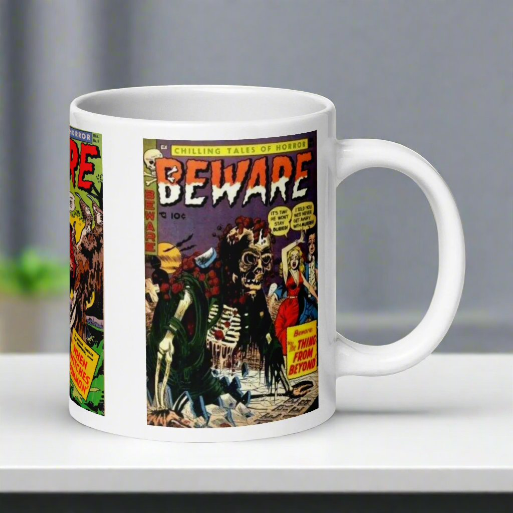 Beware Chilling Tales Comic Book Vintage Gothic Halloween Print Glossy Mug