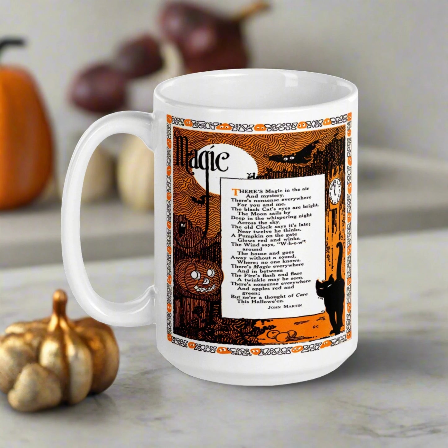 This glossy ceramic coffee mug features a vintage Halloween print of a poem titled Magic by John Martin. The illustration features a full moon, jack o'lantern, black cat, owls, bats and a clock.