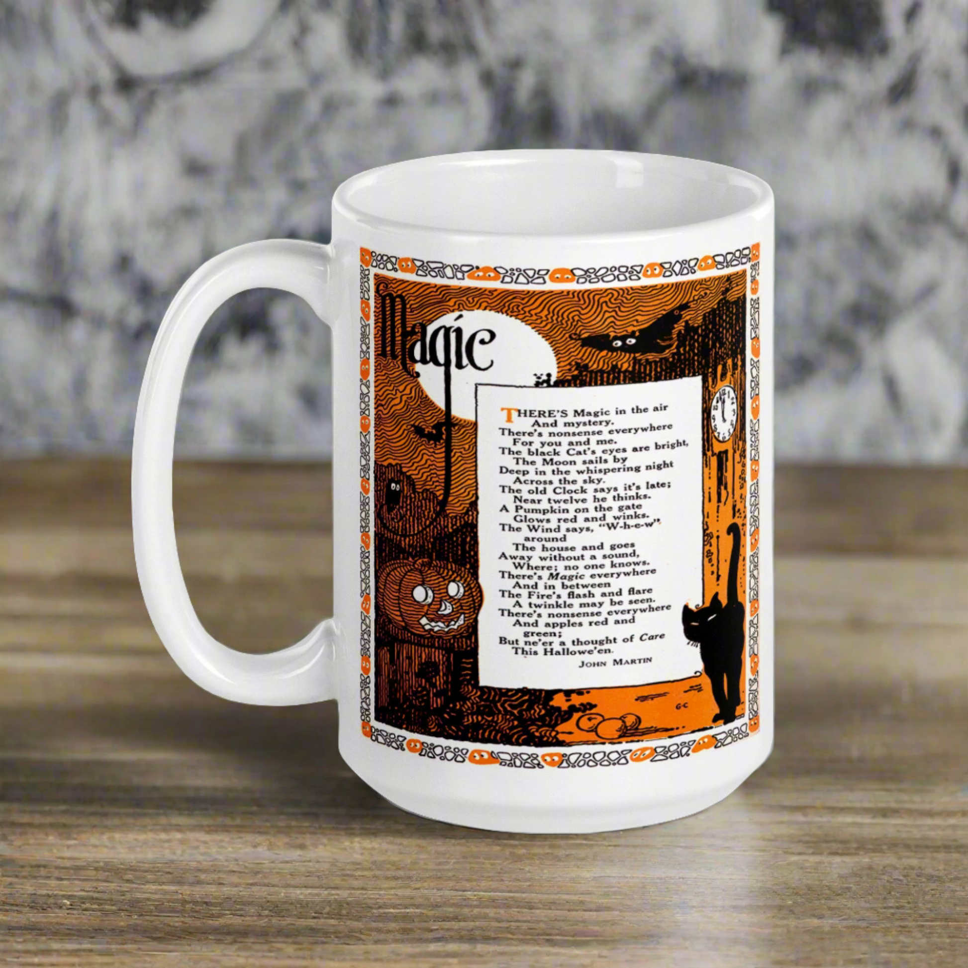 This glossy ceramic coffee mug features a vintage Halloween print of a poem titled Magic by John Martin. The illustration features a full moon, jack o'lantern, black cat, owls, bats and a clock.