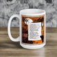 This glossy ceramic coffee mug features a vintage Halloween print of a poem titled Magic by John Martin. The illustration features a full moon, jack o'lantern, black cat, owls, bats and a clock.