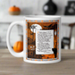 This glossy ceramic coffee mug features a vintage Halloween print of a poem titled Magic by John Martin. The illustration features a full moon, jack o'lantern, black cat, owls, bats and a clock.