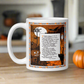 This glossy ceramic coffee mug features a vintage Halloween print of a poem titled Magic by John Martin. The illustration features a full moon, jack o'lantern, black cat, owls, bats and a clock.