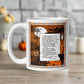 This glossy ceramic coffee mug features a vintage Halloween print of a poem titled Magic by John Martin. The illustration features a full moon, jack o'lantern, black cat, owls, bats and a clock.