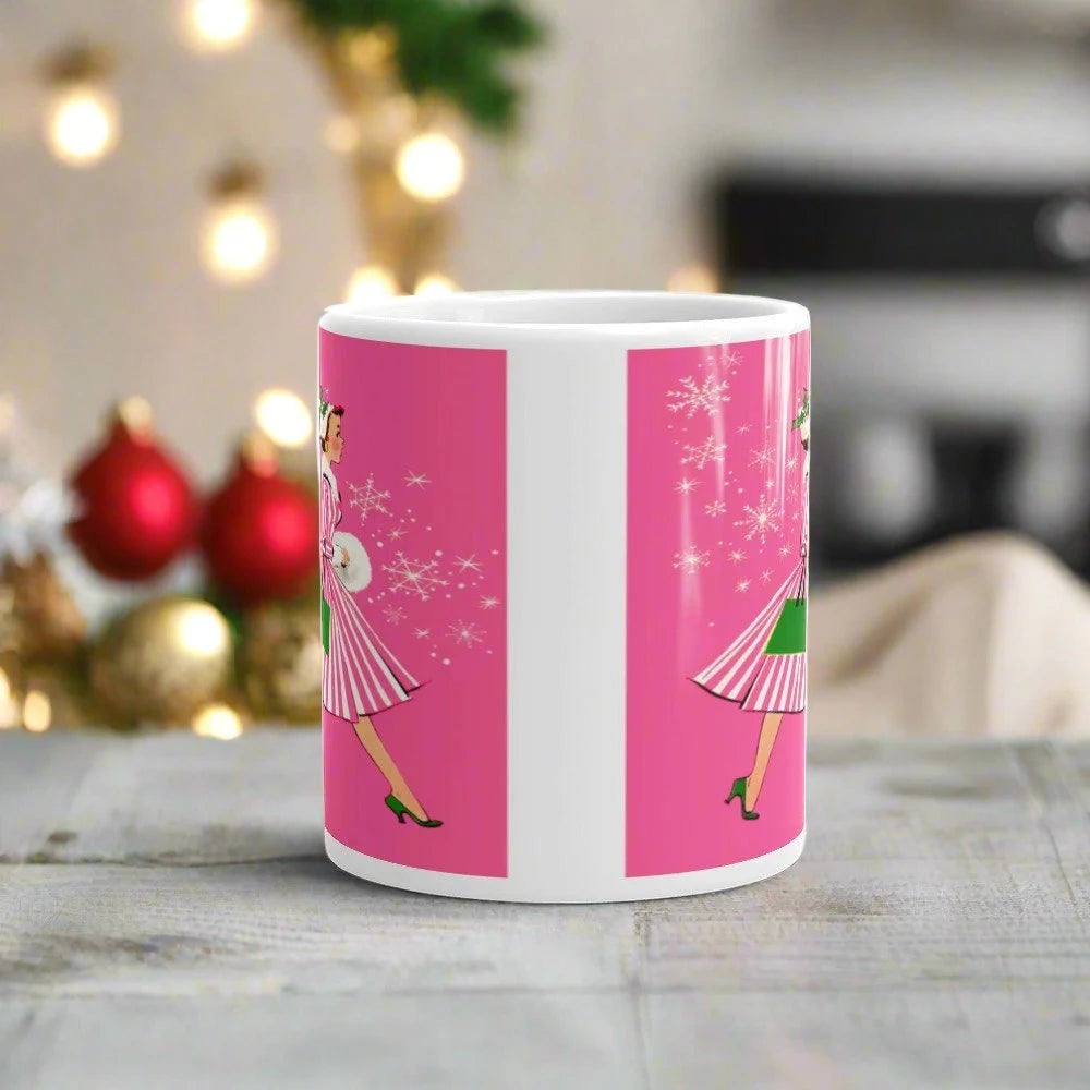 Pink Christmas Lady Mid Century Retro Christmas Print Glossy Mug